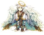  1boy arch_bishop_(ragnarok_online) bangs black_gloves black_shirt blue_coat capelet choker coat commentary_request cross cross_choker dated expressionless feathered_wings fingerless_gloves full_body gloves gold_trim green_eyes hair_between_eyes halo kneeling long_hair long_sleeves looking_at_viewer male_focus messy_hair official_alternate_costume open_clothes open_coat open_mouth pants ragnarok_online shirt simple_background solo tokio_(okt0w0) white_background white_capelet white_hair white_pants white_wings wings 