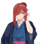  1boy blue_kimono blue_lock chigiri_hyoma closed_mouth commentary_request hair_between_eyes hair_bun half-closed_eyes hand_up highres japanese_clothes kimono long_hair looking_to_the_side male_focus minami_akino redhead simple_background single_hair_bun solo upper_body violet_eyes weibo_username white_background 