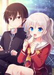  1boy 1girl blue_eyes brown_eyes charlotte_(anime) eating happy highres kousetsu otosaka_yuu ponytail school_uniform tomori_nao 