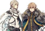  2boys armor bangs bedivere_(fate) black_shirt blonde_hair blue_cape breastplate cape closed_mouth commentary_request dated fate/grand_order fate_(series) fur-trimmed_cape fur_trim gauntlets gawain_(fate) green_eyes hair_between_eyes long_hair looking_at_viewer low_ponytail male_focus multiple_boys shirt short_hair signature simple_background smile tokio_(okt0w0) upper_body white_background 