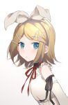  1girl 25-ji_night_code_de._(project_sekai) blonde_hair blue_eyes blush bow from_side hair_bow hair_ornament hairclip headband kagamine_rin looking_at_viewer parted_lips project_sekai raised_eyebrows ribbon short_hair simple_background solo upper_body vocaloid white_background zazuzu 