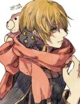  1boy bangs black_cat black_coat blonde_hair cat coat commentary_request dated green_eyes long_sleeves looking_at_viewer looking_to_the_side male_focus parted_lips ragnarok_online rebellion_(ragnarok_online) red_scarf scarf short_hair simple_background smile solo stuffed_animal stuffed_toy teddy_bear tokio_(okt0w0) upper_body white_background 