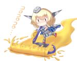  1girl bangs blonde_hair blush braid capelet chibi colorado_(kancolle) garrison_cap hat headgear highres kantai_collection no_mouth paint_roller red_footwear riretsuto short_hair simple_background skirt solid_eyes solo splatoon_(series) white_background 