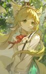  1girl :o absurdres animal_ear_fluff animal_ears arknights blonde_hair blurry blurry_background branch chinese_commentary collared_shirt commentary_request creature_on_head floating_hair fox_ears fox_girl green_eyes hairband highres leaf long_hair looking_afar luoxiaohei neckerchief official_alternate_costume open_mouth red_neckerchief shenheqing shirt suzuran_(arknights) suzuran_(spring_praise)_(arknights) the_legend_of_luo_xiaohei v_arms weibo_logo weibo_username white_hairband white_shirt 