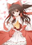  1girl ascot bangs blunt_bangs blurry blurry_background blurry_foreground bow brown_hair cherry_blossoms chromatic_aberration cowboy_shot depth_of_field detached_sleeves flower frilled_bow frilled_hair_tubes frilled_skirt frills hair_bow hair_tubes hakurei_reimu holding long_hair midriff_peek navel nontraditional_miko petals petticoat pink_flower red_bow red_skirt ribbon-trimmed_sleeves ribbon_trim skirt solo touhou wide_sleeves yamisaki_(ymsk_xx) yellow_ascot 