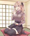  1girl alternate_costume black_skirt black_thighhighs blonde_hair blurry braid brown_eyes commentary_request cushion depth_of_field french_braid full_body grey_sweater jewelry kantai_collection kukimaru long_hair one_side_up pleated_skirt ribbed_sweater ring skirt sliding_doors solo sweater tatami thigh-highs turtleneck twitter_username wavy_hair wedding_ring zabuton zara_(kancolle) 