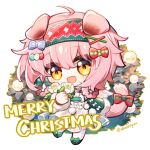  1girl :d ahoge animal_ears arknights bangs blush bow cat_ears cat_girl cat_tail chibi christmas commentary_request dazeroyuu flower footwear_bow goldenglow_(arknights) goldenglow_(night_loving_servant)_(arknights) green_bow green_hairband hairband hand_up looking_at_viewer medium_hair merry_christmas open_mouth pink_hair shoes smile solo tail tail_bow tail_ornament twitter_username white_flower yellow_eyes 
