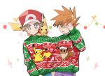  +_+ 2boys blue_oak blush brown_eyes brown_hair character_print christmas_sweater closed_mouth commentary_request covering_one_eye eevee green_sweater hat huan_li male_focus multiple_boys pants pikachu pokemon pokemon_(creature) pokemon_(game) pokemon_frlg purple_pants red_(pokemon) red_headwear shared_clothes shared_sweater short_hair sparkle spiky_hair sweater white_background 