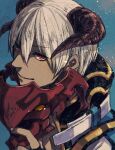  1boy arch_bishop_(ragnarok_online) bangs blue_background brown_horns closed_mouth commentary_request hair_between_eyes holding holding_mask horns looking_at_viewer male_focus mask portrait ragnarok_online red_eyes redrawn short_hair smile solo tan tokio_(okt0w0) white_hair 