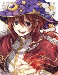  1boy bangs capelet commentary_request crescent crescent_hat_ornament dated hair_between_eyes hat hat_ornament high_wizard_(ragnarok_online) looking_at_viewer male_focus open_mouth purple_headwear ragnarok_online red_capelet redhead shirt short_hair smile solo star_(symbol) star_print teeth tokio_(okt0w0) upper_body violet_eyes white_shirt witch_hat 