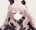  1other akiyama_mizuki bangs blush braid broken_horn commentary frilled_shirt frills hood horns long_hair looking_at_viewer lower_(vocaloid) maca1227 pink_hair project_sekai shirt smile solo straight-on upper_body violet_eyes 