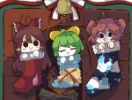  3girls :&gt; bangs bell black_eyes bow brown_hair chibi christmas christmas_stocking closed_eyes colored_skin commentary_request cookie_(touhou) daiyousei diyusi_(cookie) fireplace frilled_bow frilled_hair_tubes frills hair_bobbles hair_bow hair_ornament hair_tubes hakurei_reimu highres long_hair looking_at_viewer multiple_girls noel_(cookie) onozuka_komachi open_mouth red_bow redhead shaberu_hoppeta shaded_face shishou_(cookie) short_hair smile touhou white_skin yellow_bow 