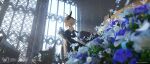  1girl alternate_costume bangs bare_shoulders bench black_choker black_dress black_flower blonde_hair blurry blurry_foreground bouquet choker church commentary_request detached_sleeves dress feather_hair_ornament feathers flower frilled_dress frills from_side genshin_impact hair_ornament holding holding_bouquet holding_flower looking_ahead lumine_(genshin_impact) pottsness ribbon short_hair solo solo_focus watermark window yellow_eyes 