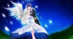  1boy 1girl artist_request blue_eyes character_request copyright_request dress feathered_wings feathers highres long_hair night night_sky non-web_source short_hair sky source_request strapless strapless_dress white_dress wings 