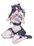 alternate_costume animal_ears anniversary apron arisaki_(cnxy7525) arm_garter bare_shoulders black_bow black_bowtie black_footwear black_hair black_nails black_skirt bow bowtie cat_ears cuffs dress drill_hair enmaided eyes_visible_through_hair hair_ornament hair_over_one_eye handcuffs heart heart_hands highres long_hair looking_at_viewer maid maid_apron maid_headdress mitsurugi_lia red_eyes shirt shoes simple_background sitting skirt sleeveless sleeveless_dress sleeveless_shirt smile sneakers thigh-highs twin_drills twintails virtual_youtuber wactor_production white_apron white_background white_shirt white_thighhighs x_hair_ornament yokozuwari 