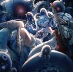  1girl abyssal_ship blue_eyes breasts cannon electric_guitar eyeball_hair_ornament glowing glowing_eyes guitar hair_between_eyes highres holding holding_instrument incomplete_battleship_princess instrument kajaneko kantai_collection medium_breasts monster_girl octopus pale_skin rigging scylla solo tentacle_hair turret 
