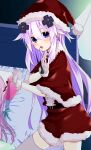  1girl adult_neptune blush box breasts christmas d-pad d-pad_hair_ornament gift gift_box hair_ornament hat highres holding holding_gift large_breasts long_hair long_sleeves looking_at_viewer moya_44444 neptune_(series) open_mouth purple_hair red_headwear santa_costume santa_hat smile solo violet_eyes 