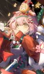  1girl absurdres animal_ears apron arknights bangs bow brown_eyes cat_ears chino_(user_zdyd2447) commentary_request crying crying_with_eyes_open goldenglow_(arknights) goldenglow_(night_loving_servant)_(arknights) hair_between_eyes hair_bow hair_ornament hairband hairclip hat highres holding holding_instrument instrument long_sleeves looking_away on_head pink_hair puffy_long_sleeves puffy_sleeves red_hairband red_headwear red_sweater santa_hat solo star_(symbol) stuffed_animal stuffed_bunny stuffed_toy sweater tears trumpet white_apron x_hair_ornament 