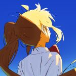  1girl ahoge backlighting bangs blonde_hair blue_sky bocchi_the_rock! bow bowtie collared_shirt day floating_hair from_behind highres ijichi_nijika kerorira long_hair long_sleeves looking_away looking_up messy_hair nape portrait red_bow red_bowtie shade shirt side_ponytail sidelocks sky solo sunlight white_shirt 