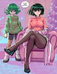  2girls :o alternate_costume arms_at_sides bangs black_footwear black_hair black_shorts breasts brown_pantyhose chris_metzner christmas christmas_sweater christmas_tree contrapposto crossed_legs curly_hair flipped_hair frown fubuki_(one-punch_man) green_eyes green_hair green_sweater high_heels highres large_breasts long_sleeves looking_at_another multiple_girls one-punch_man pantyhose pink_sweater shiny shiny_hair shoes short_hair shorts siblings sisters speech_bubble sweater tatsumaki translation_request 