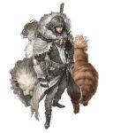  1boy animal black_footwear boots copyright_request fur fur-trimmed_hood fur_trim grey_hair heo_sung-moo highres hood long_hair pants vambraces weapon weapon_on_back white_background 