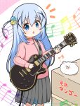  1girl angora_rabbit animal beamed_eighth_notes beamed_sixteenth_notes blue_eyes blue_hair bocchi_the_rock! box cardboard_box commentary_request cosplay cube_hair_ornament eighth_note electric_guitar gibson_les_paul gochuumon_wa_usagi_desu_ka? gotou_hitori gotou_hitori_(cosplay) grey_skirt guitar hair_ornament highres holding holding_instrument instrument jacket kafuu_chino long_hair mitya music musical_note notice_lines one_side_up open_mouth parted_lips pink_jacket playing_instrument pleated_skirt rabbit skirt tippy_(gochiusa) track_jacket translation_request very_long_hair white_background x_hair_ornament 