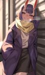  1girl against_wall alternate_costume bag bangs bob_cut breath casual chorogon coat contemporary cowboy_shot eyeliner fate/grand_order fate_(series) hand_in_pocket highres horns looking_at_viewer makeup oni oni_horns open_clothes open_coat open_mouth purple_coat purple_hair scarf shirt shirt_tucked_in short_eyebrows short_hair shoulder_bag shuten_douji_(fate) skin-covered_horns smile snowing solo violet_eyes white_shirt winter winter_clothes yellow_scarf 