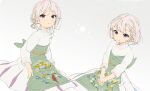  2girls apron bad_source bird blue_eyes blush braid floral_print gradient gradient_background highres long_skirt looking_at_viewer multiple_girls nekopantsu_(blt) original own_hands_together parted_lips partially_colored print_apron short_hair short_twintails skirt smile sweater twintails white_hair 