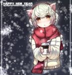 1girl animal_ears cat_ears coat coffee earmuffs ejami happy_new_year long_sleeves looking_at_viewer open_mouth original scarf short_hair snowflakes snowing solo white_hair winter_clothes winter_coat