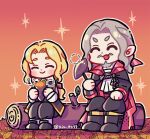  2boys alucard_(castlevania) blonde_hair boots castlevania closed_eyes dracula_(castlevania) eating father_and_son food holding holding_food leaf looking_at_viewer multiple_boys pointy_ears sitting star_(symbol) user_xkra7542 vampire white_hair 