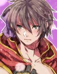  1boy bangs black_gloves brown_eyes brown_hair champion_(ragnarok_online) closed_mouth coat commentary_request expressionless gloves gold_trim hair_between_eyes looking_afar male_focus outline portrait purple_background ragnarok_online red_coat short_hair sleeveless_coat solo tokio_(okt0w0) white_outline 