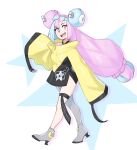 1girl :d blue_hair bow-shaped_hair commentary english_commentary full_body highres iono_(pokemon) light_blue_hair long_hair looking_at_viewer multicolored_hair open_mouth oversized_clothes pink_eyes pink_hair pokemon pokemon_(game) pokemon_sv rob_ishi sharp_teeth simple_background sleeves_past_fingers sleeves_past_wrists smile solo split-color_hair star_(symbol) teeth twintails two-tone_hair very_long_hair very_long_sleeves walking wide_sleeves