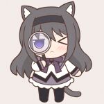  &gt;_o 1girl akemi_homura animal_ears black_hair black_hairband black_pantyhose blush cat_ears cat_girl cat_tail chibi closed_mouth frown full_body hairband holding holding_magnifying_glass long_hair looking_at_viewer magnifying_glass mahou_shoujo_madoka_magica one_eye_closed pantyhose solo standing tail violet_eyes yuno385 
