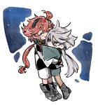  2girls ahoge asticassia_school_uniform black_hairband blush boots chibi closed_eyes green_jacket green_shorts grey_eyes grey_hair gundam gundam_suisei_no_majo hair_between_eyes hairband hug jacket long_hair low_ponytail miorine_rembran multi-tied_hair multiple_girls open_mouth redhead school_uniform short_hair_with_long_locks shorts smile suletta_mercury thick_eyebrows tima white_jacket white_shorts 