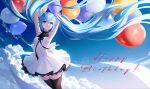  1girl absurdres arms_up balloon bangs black_bow black_thighhighs blue_eyes blue_hair blue_sky bow chungla clouds cloudy_sky dress floating_hair hair_between_eyes hatsune_miku highres long_hair looking_at_viewer sky smile solo teeth thigh-highs twintails vocaloid white_dress 
