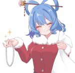  1girl bangs blue_hair chisel closed_eyes closed_mouth drill_locks fur_trim hair_ornament hair_rings hair_stick highres holding holding_sack jewelry kaku_seiga kasano_ame necklace sack santa_costume simple_background smile solo star_(symbol) touhou upper_body white_background 
