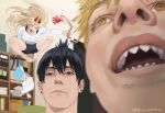 1girl 2boys bangs black_hair blonde_hair blue_eyes blurry blurry_foreground chainsaw_man close-up denji_(chainsaw_man) earrings hayakawa_aki highres horns jewelry jumping looking_afar looking_at_viewer looking_to_the_side medium_hair meme motion_blur multiple_boys open_mouth photo-referenced pocketbee power_(chainsaw_man) red_horns sharp_teeth shelf shirt short_hair sticky_hand stud_earrings teeth topknot twitter_username white_shirt yellow_eyes 