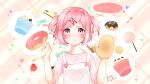  1girl :t absurdres animal_ears apron artist_name bangs blush bob_cut bow breasts candy casual cat_ears cat_symbol cheesecake cherry close-up closed_mouth commentary cosmetics cupcake dated doki_doki_literature_club doughnut eclair_(food) english_commentary english_text food fruit furrowed_brow hair_ornament hair_ribbon hands_up heart highres holding holding_food icing light_frown lipstick_tube lollipop long_sleeves natsuki_(doki_doki_literature_club) oven_mitts pastry pastry_bag pink_apron pink_background pink_eyes pink_hair pink_shirt plaid plaid_background portrait pout red_ribbon ribbon romaji_text saki_(waneristhebest) shirt signature sleeves_rolled_up small_breasts solo speech_bubble sprinkles strawberry swept_bangs two-tone_background two_side_up upper_body w_arms white_apron x_hair_ornament yellow_background 