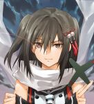  :| aircraft airplane bangs bare_shoulders black_hair black_neckerchief black_sleeves brown_eyes buttons close-up closed_mouth clouds commentary crossed_arms curled_fingers double-breasted eye_trail floating_scarf hair_between_eyes hair_ornament highres holding kantai_collection light_trail long_bangs looking_at_viewer neckerchief night portrait raised_eyebrow red_shirt revision sailor_collar salute scarf school_uniform sendai_(kancolle) sendai_kai_ni_(kancolle) serafuku shirt short_hair shuriken sidelocks sky sleeveless tugo twilight two-finger_salute two-tone_shirt two_side_up weapon white_sailor_collar white_scarf white_shirt wind x_hair_ornament 