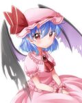  1girl :d bat_wings bright_pupils center_frills fang fingernails frills hat hat_ribbon long_fingernails looking_at_viewer mob_cap open_mouth petticoat purple_hair red_background red_eyes red_nails red_ribbon remilia_scarlet ribbon shirt short_hair simple_background skirt smile solo touhou white_headwear white_pupils white_shirt white_skirt wings wrist_cuffs yamisaki_(ymsk_xx) 