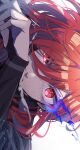  1boy bangs blue_lock breath chigiri_hyoma clenched_teeth close-up commentary_request flaming_eye hair_between_eyes highres long_hair long_sleeves looking_at_viewer male_focus nekoma_hikaru red_eyes redhead shirt sideways simple_background solo sweat teeth white_background 
