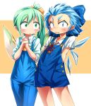  2girls adapted_costume ascot bangs blue_bow blue_eyes blue_hair blue_overalls blush bow cirno collared_shirt commentary cowboy_shot daiyousei fairy_wings flat_chest green_eyes green_hair hair_bow ice ice_wings interlocked_fingers looking_at_viewer multiple_girls neck_ribbon open_mouth overalls own_hands_together red_ribbon ribbon shimizu_pem shirt short_hair side_ponytail spiky_hair symbol-only_commentary touhou white_shirt wings yellow_ascot yellow_bow 