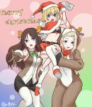  3girls absurdres animal_ears animal_hood antlers bangs belt bikini bikini_top_only black_belt black_bikini black_hair black_shorts blonde_hair blouse blue_eyes blush bob_cut bow_legwear breasts brown_gloves brown_shawl capelet carrying carrying_person christmas clara_(girls_und_panzer) collared_shirt commentary deer_ears english_text fang frown fur-trimmed_capelet fur-trimmed_footwear fur-trimmed_skirt fur_trim girls_und_panzer gloves green_necktie hat highres holding holding_sack hood hood_up katyusha_(girls_und_panzer) kibasen legwear_under_shorts long_hair merry_christmas midriff miniskirt multicolored_background multiple_girls necktie nonna_(girls_und_panzer) onesie open_mouth over_shoulder pantyhose pointing red_capelet red_footwear red_gloves red_headwear red_shirt reindeer_antlers reindeer_hood sack santa_gloves santa_hat shawl shirt shoes short_hair shorts skirt small_breasts smile standing sweatdrop swept_bangs swimsuit thigh-highs turtleneck twitter_username wata_sensha white_pantyhose white_thighhighs 
