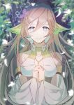 1girl absurdres azitsukeniku blue_eyes brown_hair falling_petals flower hair_flower hair_ornament highres ionasal_kkll_preciel leaf long_hair looking_at_viewer own_hands_clasped own_hands_together petals portrait smile solo surge_concerto upper_body 