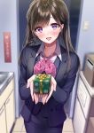  1girl :d amagi_shino artist_name blush brown_hair christmas christmas_present commentary_request eyelashes gift happy highres long_hair looking_at_viewer office_lady open_mouth original receptionist_girl_(amagi_shino) signature smile solo standing violet_eyes 