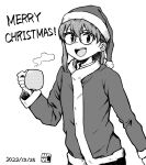  1girl :d artist_logo bangs christmas coffee_mug commentary cup dated english_text glasses greyscale hat highres holding holding_cup kawatarou long_sleeves looking_at_viewer medium_hair merry_christmas monochrome mug open_mouth original santa_costume santa_hat smile solo upper_body 