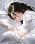  1girl absurdres bangs bed bed_sheet black_hair chungla day hair_between_eyes highres lips long_hair looking_at_viewer on_bed original pillow pink_eyes shirt short_sleeves smile solo under_covers white_shirt 
