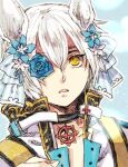  1boy animal_ears arch_bishop_(ragnarok_online) bangs black_choker blue_bow blue_flower blue_rose bow choker commentary_request flower flower_over_eye hair_between_eyes hair_bow hair_flower hair_ornament horse_ears jacket looking_at_viewer male_focus parted_lips portrait ragnarok_online rose short_hair solo striped striped_bow tokio_(okt0w0) white_bow white_hair white_jacket yellow_eyes 