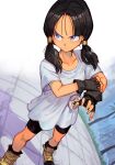  1girl 2020s 2022 anime black_gloves black_hair collarbone compression_shorts determined dragon_ball dragon_ball_z fingerless_gloves forehead gloves hair_strand hankuri looking_to_the_side manga medium_hair shirt short_twintails solo teenage_girl teenager twintails videl violet_eyes white_shirt 