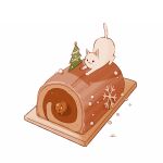  :3 animal animal_focus cake cat chai_(drawingchisanne) christmas christmas_tree food no_humans original simple_background snowflakes stretching sweets_bird white_background yule_log 